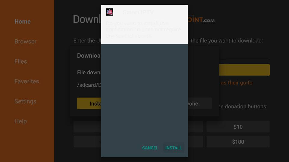 Downloader app will automatically run the Smart IPTV APK for you